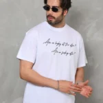 Unisex Bisiklet Yaka Baskılı Oversize T-Shirt - Beyaz