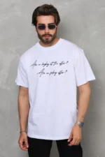 Unisex Bisiklet Yaka Baskılı Oversize T-Shirt - Beyaz - Görsel 3