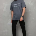 Unisex Bisiklet Yaka Baskılı Oversize T-Shirt - Füme