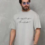 Unisex Bisiklet Yaka Baskılı Oversize T-Shirt - Gri