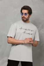 Unisex Bisiklet Yaka Baskılı Oversize T-Shirt - Gri - Görsel 2