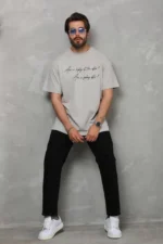 Unisex Bisiklet Yaka Baskılı Oversize T-Shirt - Gri - Görsel 3