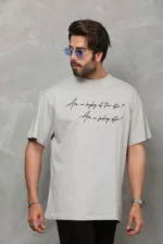 Unisex Bisiklet Yaka Baskılı Oversize T-Shirt - Gri - Görsel 4