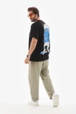 Unisex Bisiklet Yaka Baskılı Oversize T-Shirt - Siyah - Görsel 3