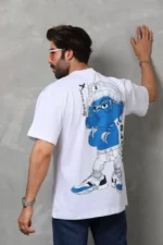 Unisex Bisiklet Yaka Baskılı Oversize T-Shirt - Beyaz - Görsel 3