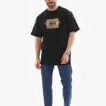 Unisex Bisiklet Yaka Baskılı Oversize T-Shirt - Siyah