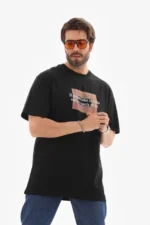 Unisex Bisiklet Yaka Baskılı Oversize T-Shirt - Siyah - Görsel 2