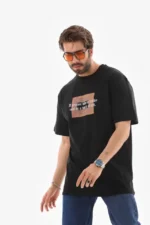 Unisex Bisiklet Yaka Baskılı Oversize T-Shirt - Siyah - Görsel 3
