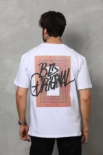 Unisex Bisiklet Yaka Baskılı Oversize T-Shirt - Beyaz - Görsel 3