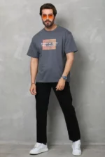 Unisex Bisiklet Yaka Baskılı Oversize T-Shirt - Füme - Görsel 3