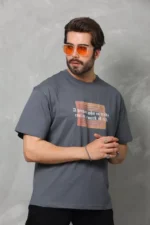 Unisex Bisiklet Yaka Baskılı Oversize T-Shirt - Füme - Görsel 4