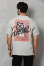 Unisex Bisiklet Yaka Baskılı Oversize T-Shirt - Gri - Görsel 2