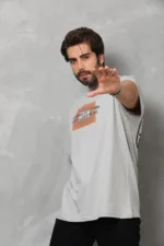 Unisex Bisiklet Yaka Baskılı Oversize T-Shirt - Gri - Görsel 3