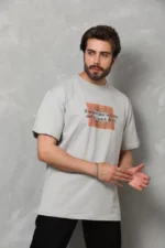 Unisex Bisiklet Yaka Baskılı Oversize T-Shirt - Gri - Görsel 4