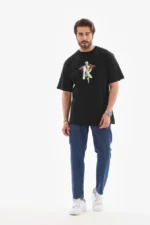 Unisex Bisiklet Yaka Baskılı Oversize T-Shirt - Siyah - Görsel 3