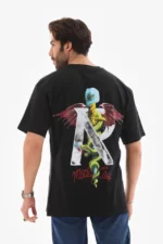 Unisex Bisiklet Yaka Baskılı Oversize T-Shirt - Siyah - Görsel 4