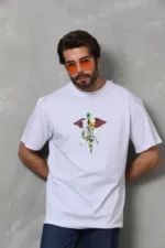 Unisex Bisiklet Yaka Baskılı Oversize T-Shirt - Beyaz