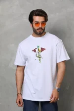 Unisex Bisiklet Yaka Baskılı Oversize T-Shirt - Beyaz - Görsel 3