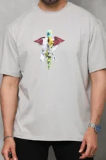 Unisex Bisiklet Yaka Baskılı Oversize T-Shirt - Gri - Görsel 2