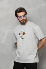 Unisex Bisiklet Yaka Baskılı Oversize T-Shirt - Gri - Görsel 4