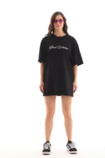 Unisex Bisiklet Yaka Baskılı Oversize T-Shirt - Siyah - Görsel 2