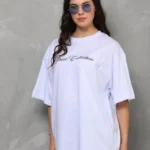 Unisex Bisiklet Yaka Baskılı Oversize T-Shirt - Beyaz