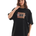 Unisex Bisiklet Yaka Baskılı Oversize T-Shirt - Siyah