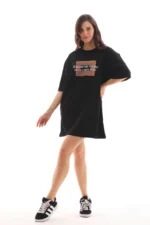 Unisex Bisiklet Yaka Baskılı Oversize T-Shirt - Siyah - Görsel 3