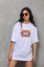 Unisex Bisiklet Yaka Baskılı Oversize T-Shirt - Beyaz - Görsel 3