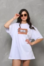 Unisex Bisiklet Yaka Baskılı Oversize T-Shirt - Beyaz - Görsel 4