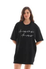 Unisex Bisiklet Yaka Baskılı Oversize T-Shirt - Siyah - Görsel 2