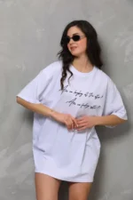 Unisex Bisiklet Yaka Baskılı Oversize T-Shirt - Beyaz - Görsel 2