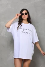 Unisex Bisiklet Yaka Baskılı Oversize T-Shirt - Beyaz - Görsel 3
