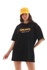 Unisex Bisiklet Yaka Baskılı Oversize T-Shirt - Siyah - Görsel 4