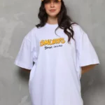 Unisex Bisiklet Yaka Baskılı Oversize T-Shirt - Beyaz
