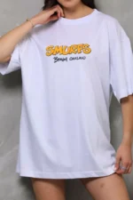 Unisex Bisiklet Yaka Baskılı Oversize T-Shirt - Beyaz - Görsel 3