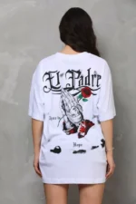 Unisex Bisiklet Yaka Baskılı Oversize T-Shirt - Beyaz - Görsel 3