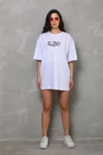 Unisex Bisiklet Yaka Baskılı Oversize T-Shirt - Beyaz - Görsel 4