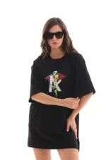 Unisex Bisiklet Yaka Baskılı Oversize T-Shirt - Siyah - Görsel 3