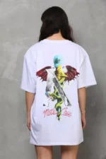 Unisex Bisiklet Yaka Baskılı Oversize T-Shirt - Beyaz - Görsel 3