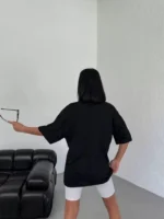 Unisex Bisiklet Yaka Baskılı Oversize T-Shirt - Siyah - Görsel 2