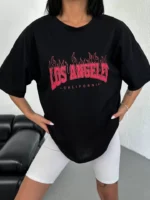 Unisex Bisiklet Yaka Baskılı Oversize T-Shirt - Siyah - Görsel 4