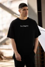 Unisex Bisiklet Yaka Baskılı Oversize T-Shirt - Siyah - Görsel 2