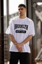 Unisex Bisiklet Yaka Baskılı Oversize T-Shirt - Beyaz - Görsel 3