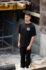 Unisex Bisiklet Yaka Baskılı Oversize T-Shirt - Siyah - Görsel 2