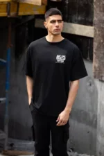 Unisex Bisiklet Yaka Baskılı Oversize T-Shirt - Siyah - Görsel 3