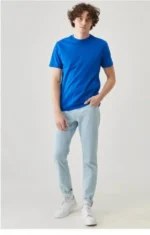 Unisex Düz Biskilet Yaka Oversize T-shirt - Mavi - Görsel 4