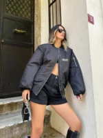 Unisex Uzun Kol Baskılı Bomber Ceket - Siyah - Görsel 2