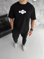 Unisex Bisiklet Yaka Baskılı Double Oversize T-Shirt - Siyah - Görsel 2