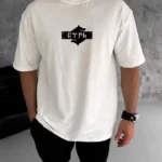 Unisex Bisiklet Yaka Baskılı Double Oversize T-Shirt - Beyaz